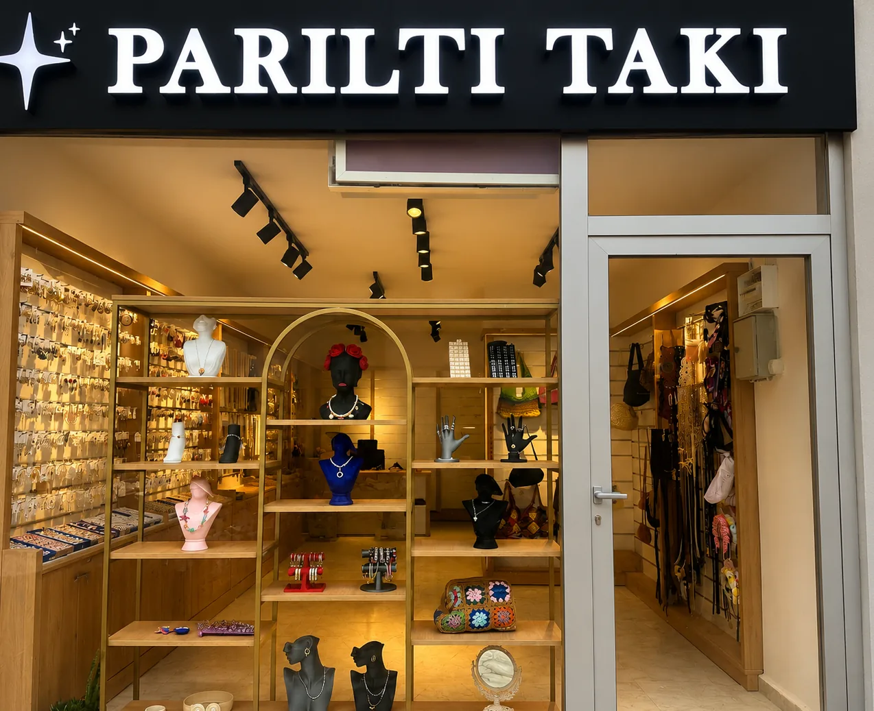 Parıltı Takı vitrini, gece ışıkları yanarken